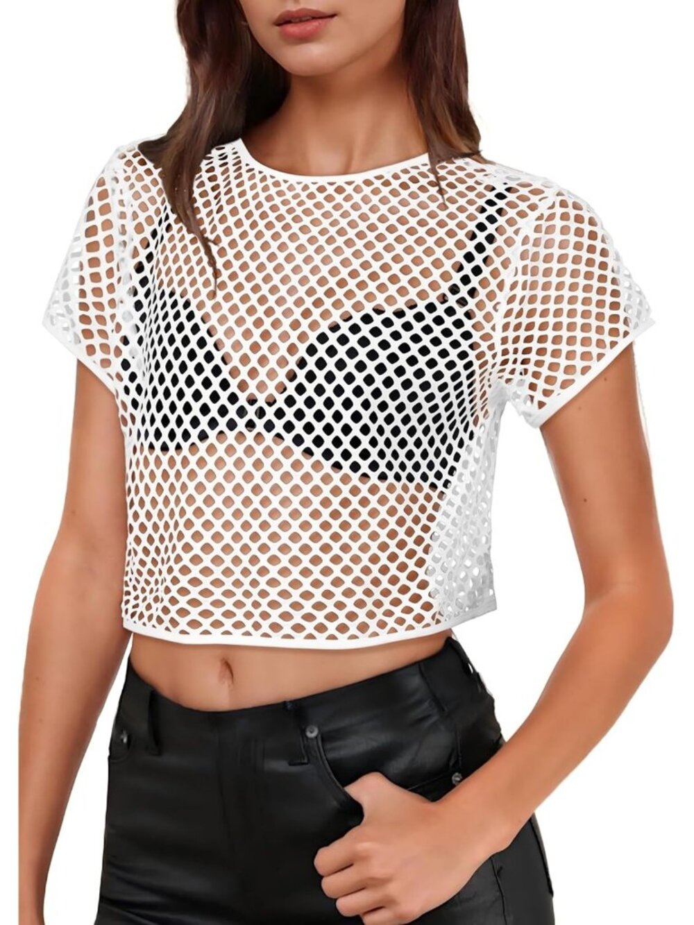 🆕Women's White Sheer Mesh Fishnet T Shirts Short Sleeve See Through Crop Tops